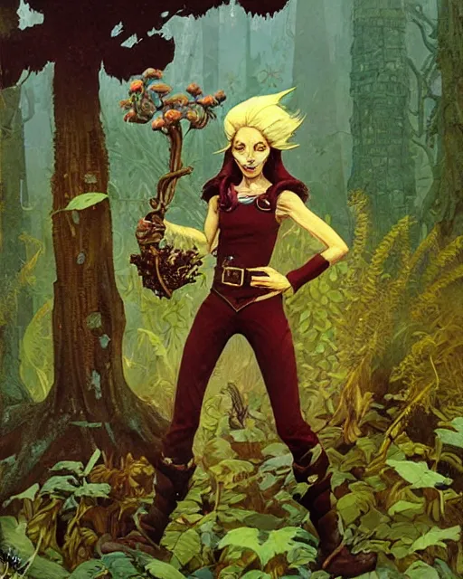 Image similar to moonshine cybin hirsute epic level dnd crick elf spore druid, wielding a magical sword, wearing magical overalls. covered in various fungi. full character concept art, realistic, high detail digital gouache painting by angus mcbride and michael whelan and jeffrey jones.