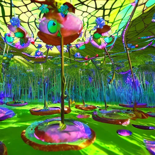 Image similar to jello Mushrooms covering the inside of prismatic jungle, fairy dust in the air, unreal engine