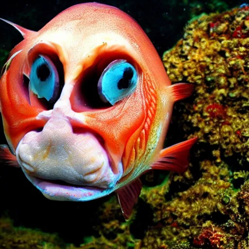 Prompt: fish with a human face
