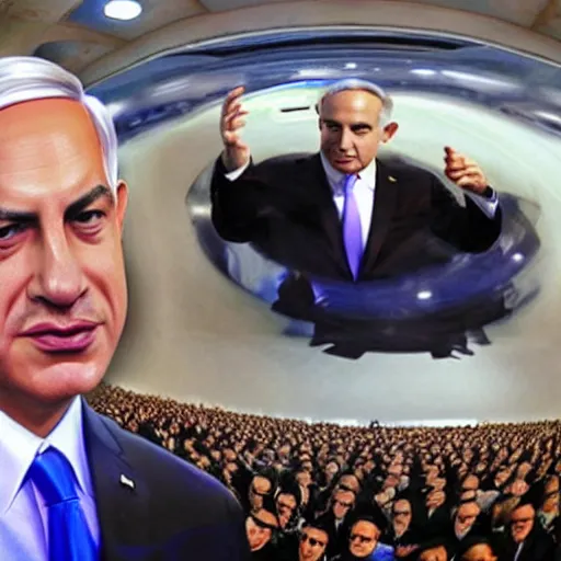 Image similar to fish eye lens photo of benjamin netanyahu looking at the camera curiously