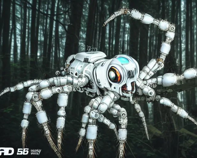 Prompt: photo of a white terminator spider with heavy duty biomechanical hydraulic cybernetic body with antennas and visor cogs and gears and components in the forest. cyberpunk horror style. highly detailed 8 k. intricate. nikon d 8 5 0 5 5 mm. award winning photography.