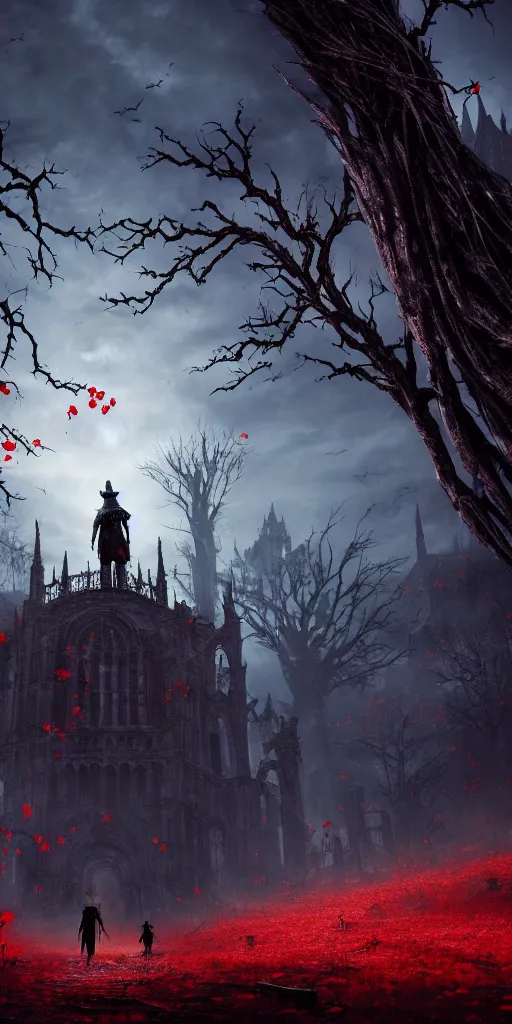 Image similar to abandoned bloodborne old valley with a person at the centre and a ruined gothic city at the end of the valley, trees and stars in the background, falling red petals, epic red - orange moonlight, perfect lightning, wallpaper illustration by niko delort and kentaro miura, 4 k, ultra realistic