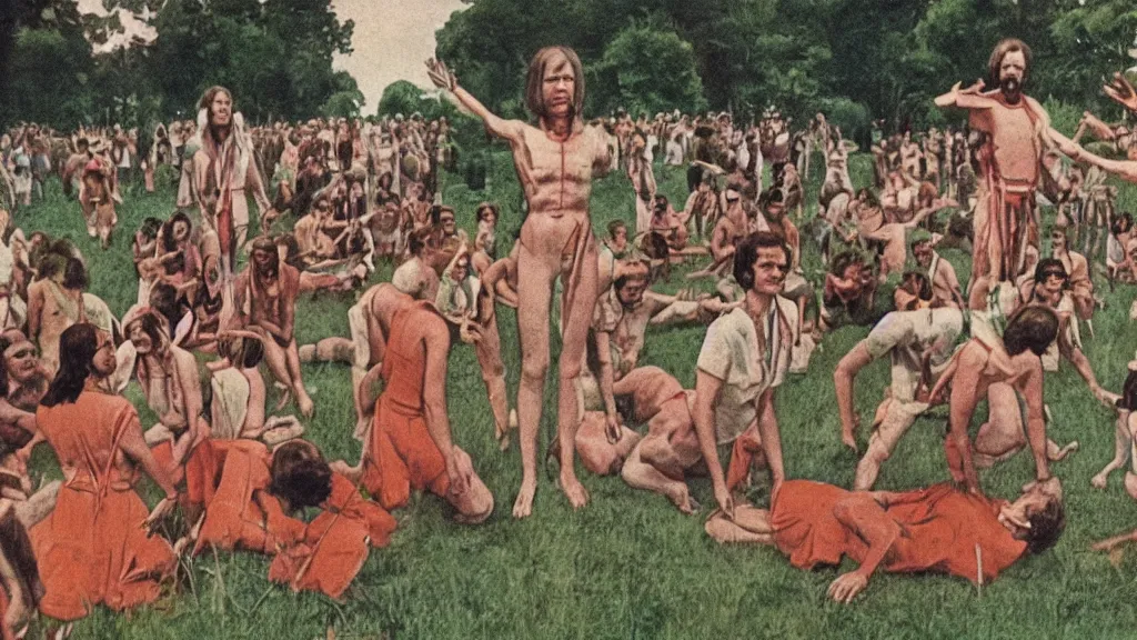 Image similar to A vintage scientific illustration from the 1970s of a Swedish cult performing a human sacrifice to the gods during the midsummer festival in Sweden in the summer on the meadows by Wes Anderson