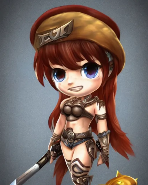 Image similar to female warrior mini cute style, highly detailed, rendered, ray - tracing, cgi animated, 3 d demo reel avatar, style of maple story, maple story gun girl, katelynn from league of legends chibi, perfect eyes, realistic human eyes