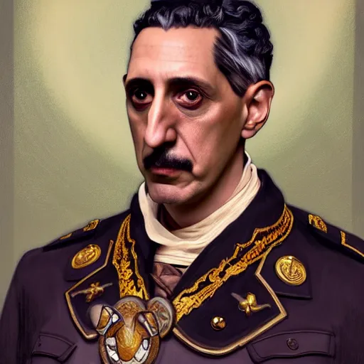 Prompt: full portrait of john turturro as colonel wednesday bologna, fantasy, d & d, intricate, detailed, by by alphonse mucha, adolfo hohenstein, alice russell glenny, stanley artgerm lau, greg rutkowski, detailed, trending on artstation, trending on artstation, smooth