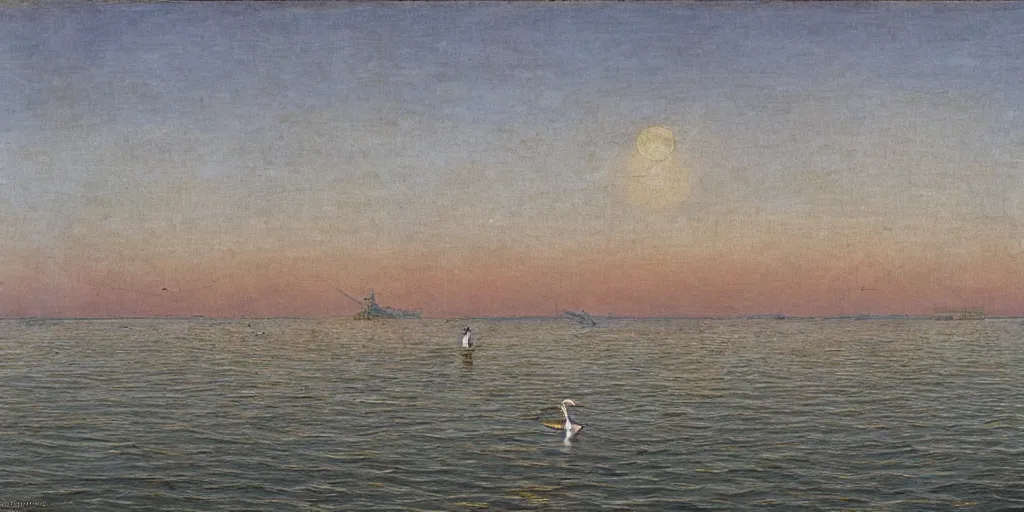 Image similar to rising sun ( ( ( fishing cormorant, fishing boat ) ) ) on the naples bay, by moebius