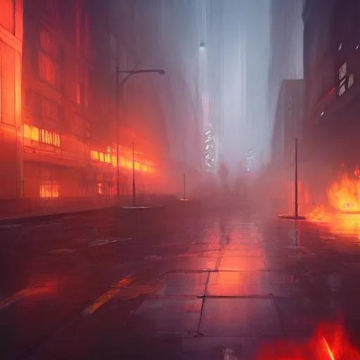 Prompt: city on fire greg rutkowski, digital art, volumetric fog, ue 4, ue 5, unreal engine 5,