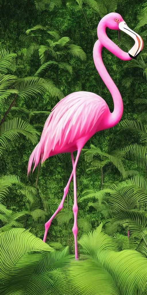 Prompt: a pink flamingo standing in a lush jurassic landscape, 4 k, hyper realistic, coherent design, symmetrical, vivid colour, trending on art station, in the style of pi - slices, complementary colour, golden ratio, detailed, sharp lines, intricate, rainbow shift, in unreal 3 d engine, ray tracing, octane render