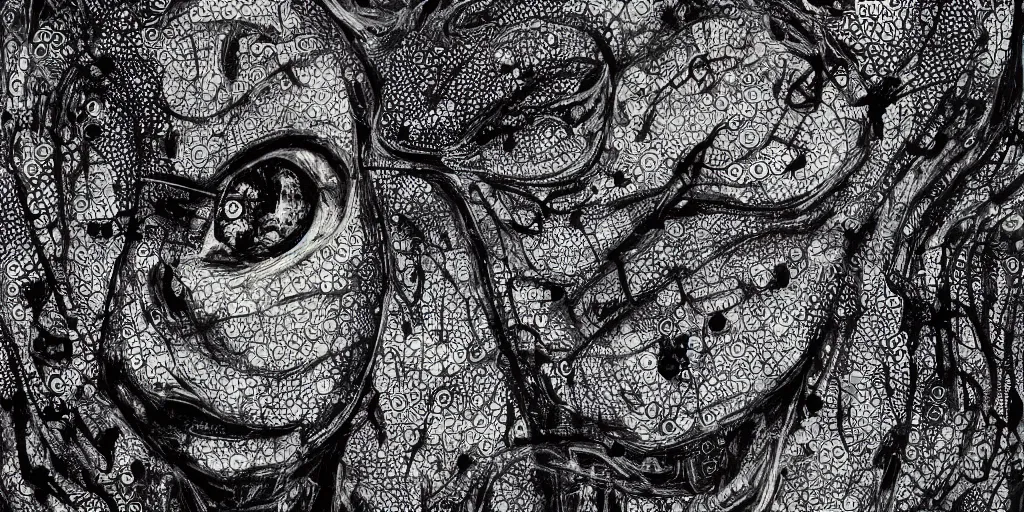 Image similar to camo of eyes, technical, acrylic, teeth, eerie, tribal, clay, dots, lines, stipple, points, grid, cybernetic, old painting, francis bacon art, swirly eyes, hypnosis, eerie, terror, oil, neon, black and white, splotches