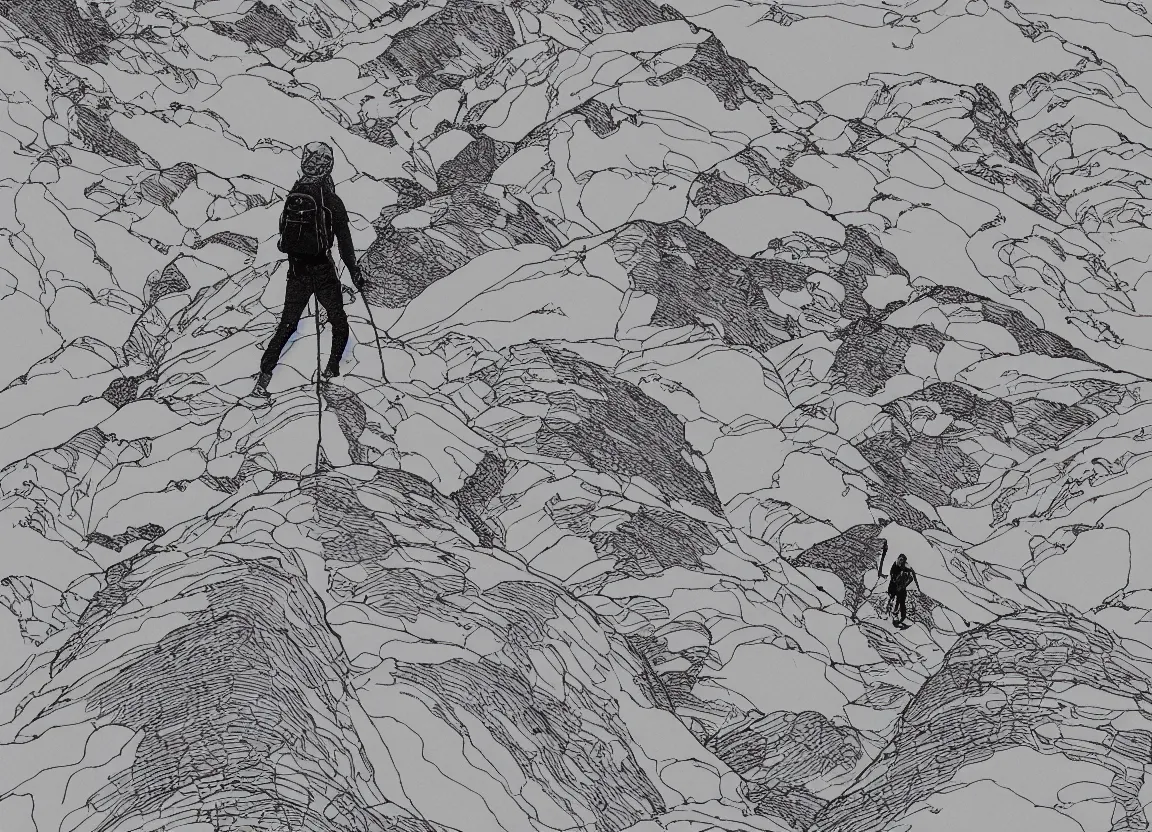 Image similar to backpacker standing on ridgeline in utah, minimalist line art by moebius, clean long lines, ultra detailed