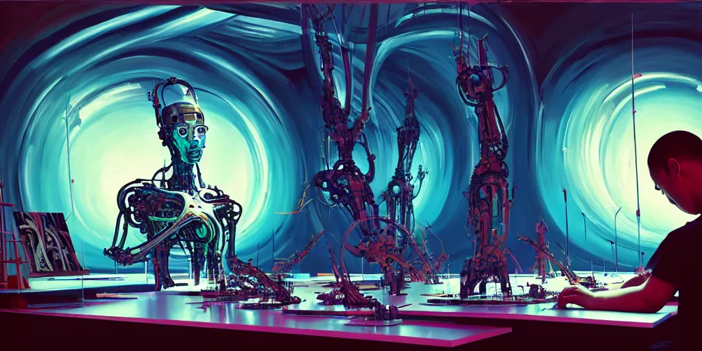 Image similar to photo of futuristic holy futuristic cyborg - robot - painter - artist creating a painting with acrylic paint and brushes in a futuristic artist studio by h. r giger, by, rich deep colors. masterpiece, intricate artwork by tooth wu and wlop and beeple, gaspar noe, james cameron,