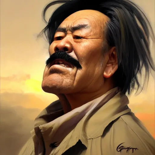 Image similar to Greg Manchess portrait painting of a chinese 60 year old character, soul patch, facial tattoo, long hair, medium shot, asymmetrical, profile picture, Organic Painting, sunset dark dramatic, matte painting, bold shapes, hard edges, street art, trending on artstation, by Huang Guangjian and Gil Elvgren and Sachin Teng