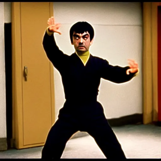 Image similar to mr. bean as bruce lee. movie still. cinematic lighting.