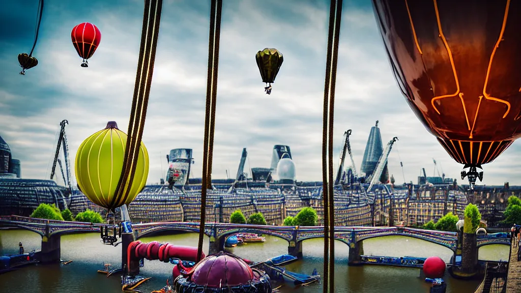 Image similar to large colorful futuristic space age metallic steampunk steam - powered balloons with pipework and electrical wiring around the outside, and people on rope swings underneath, flying high over the beautiful medieval london city landscape, professional photography, 8 0 mm telephoto lens, realistic, detailed, photorealistic, photojournalism