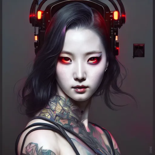 Image similar to portrait painting of sunmi as a cyberpunk technician with horns and tattoos, ultra realistic, concept art, intricate details, eerie, highly detailed, photorealistic, octane render, 8 k, unreal engine. art by artgerm and greg rutkowski and magali villeneuve and alphonse mucha