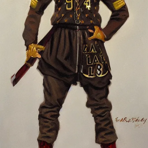 Prompt: full body portrait of saber from fate as the dictator of the los angeles lakers in full military garb, oil on canvas by william sidney mount, trending on artstation