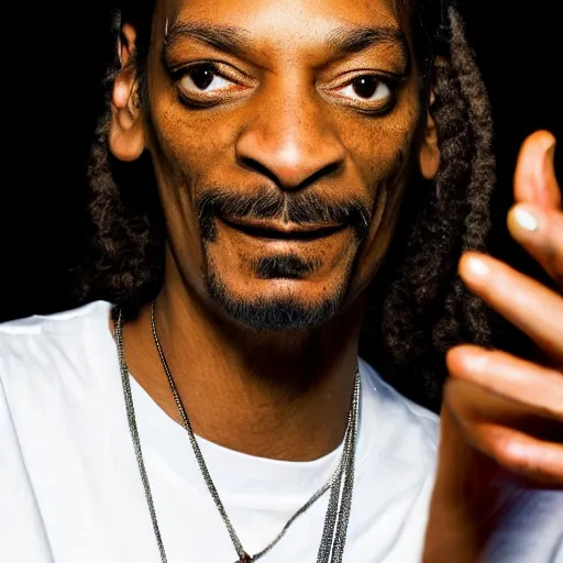 Image similar to Snoop Dog with big eyes eye color red , smiling and holding a joint in his hand