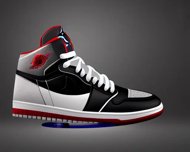 Image similar to 3D render of mid height air jordan sneakers with joker design, cinematic, studio lighting, award winning