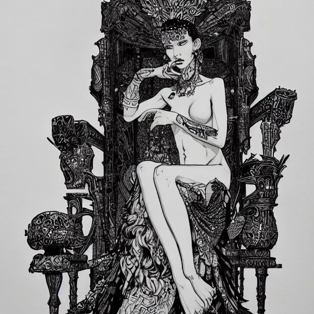 Image similar to salome full figure sitting on throne ink drawing by james jean very detailed high contrast xuan paper