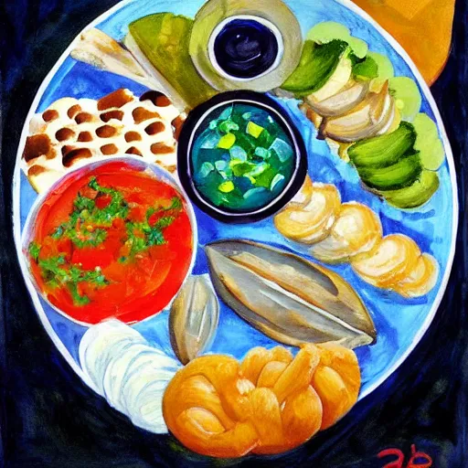 Prompt: Delicious meze platter. Gouache painting by studio Ghibli.