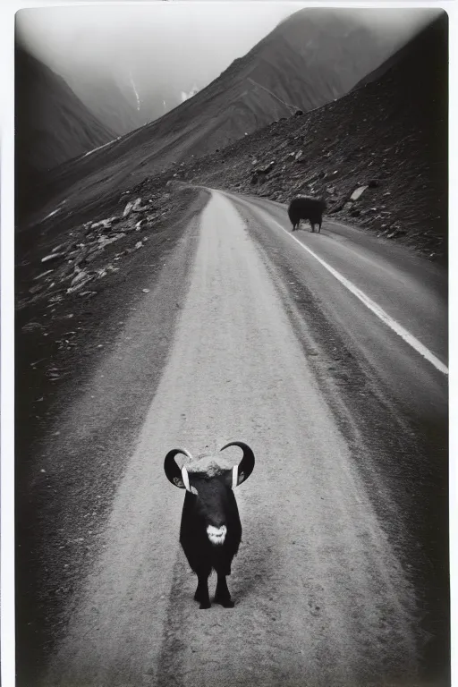 Prompt: photo polaroid of a sad and lonely child in the middle of a mountain road with many tahr on either side , Nepal,Himalayas, loneliness, black and white ,photorealistic, 35mm film,