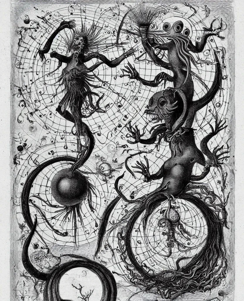 Prompt: whimsical freaky creature sings a unique canto about'as above so below'being ignited by the spirit of haeckel and robert fludd, breakthrough is iminent, glory be to the magic within, in honor of jupiter, painted by ronny khalil