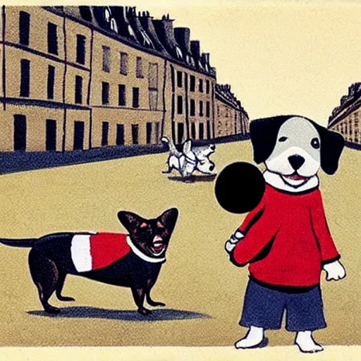 Image similar to book illustration of a french boy on the streets of paris playing football against a corgi, the dog is wearing a polka dot scarf, 1 9 6 6