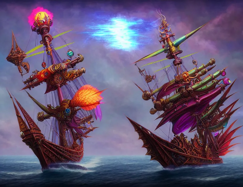 Image similar to the flying spelljammer galleon soars through the planes, amazing d & d planescape style art, trending on artstation, colorful, intricate, art by kev chan, fantasypunk, deep colors, cgsociety