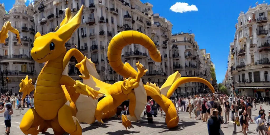 Prompt: Dragonite Pokemon visits Madrid,