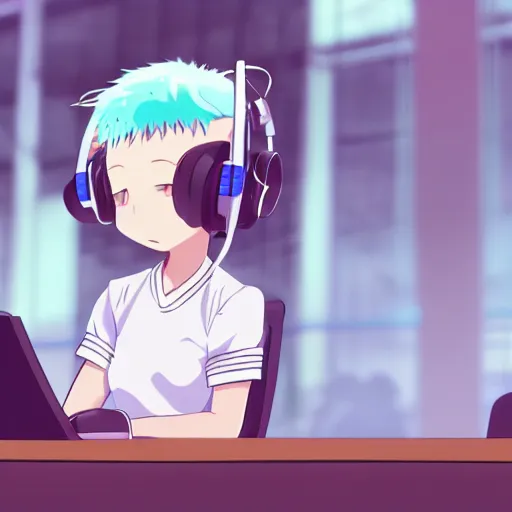 Image similar to anime girl with white hair and blue eyes, wearing cat ear headphones, sitting at desk at keyboard, programming, pixiv, anime