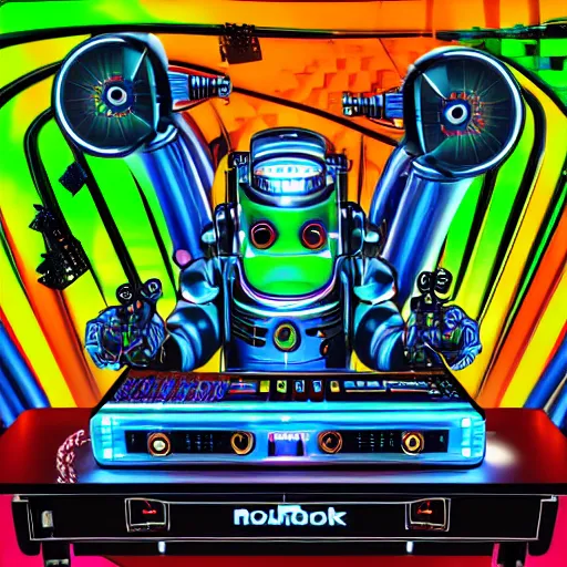 Prompt: album art for a trance dj, the album is called dj roborock, 3 steampunk robot heads with robot arms on a dj desk with a cd mixer, 8 k, fluorescent colors, halluzinogenic, multicolored, exaggerated detailed, front shot, 3 d render, octane