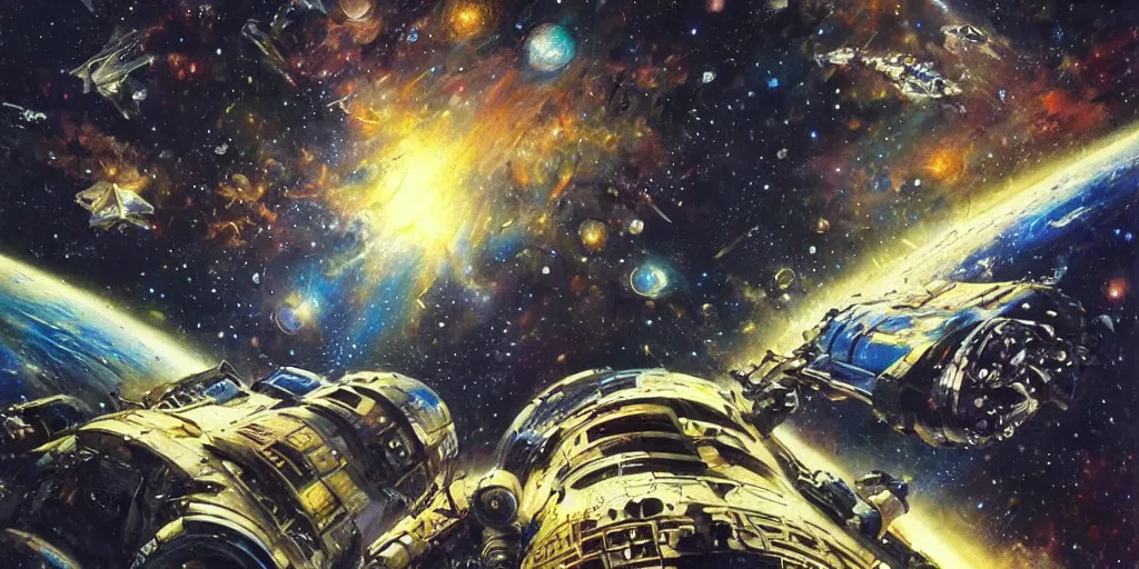 Image similar to a beautiful space scene with a spaceship and a dark, plain, simple starry background, art by alan bean and john berkey trending on artstation, highly detailed oil painting, hyperrealistic, cinematic, dramatic lighting, sharp color palette