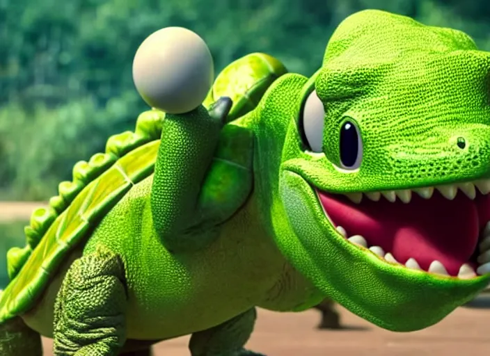 Image similar to film still of yoshi in the new sci - fi movie, cute upright dinosaur with a small turtle shell and long tongue, 8 k