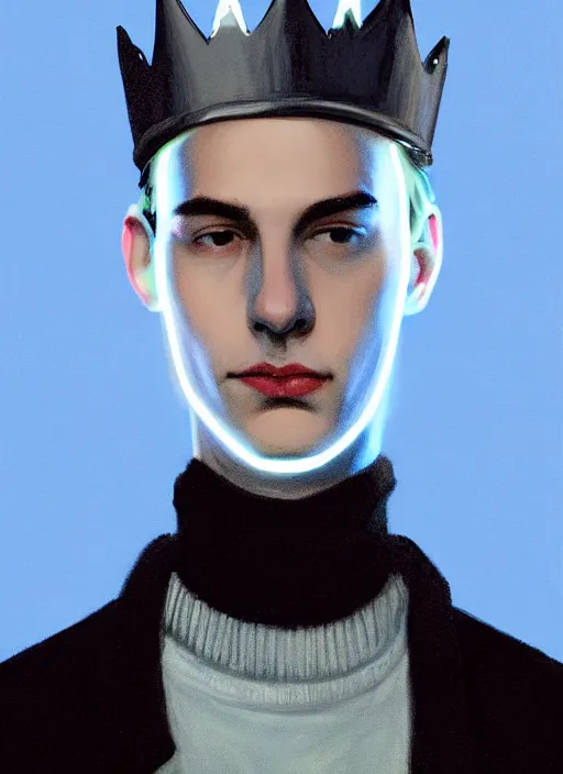 Image similar to portrait of teenage jughead jones wearing a light grey crown, crown, blue turtleneck, 1 9 5 0 s, closed eyes, photorealistic, black hair, glowing lighting, intricate, elegant, glowing lights, highly detailed, digital painting, artstation, concept art, smooth, sharp focus, illustration, art by wlop, mars ravelo and greg rutkowski