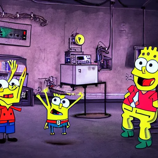 Image similar to spongebob real life in a scary boiler room, ultra realistic photograph