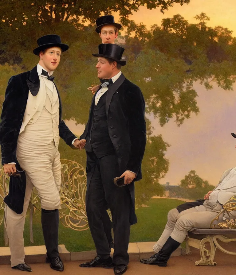 Prompt: Beautiful!! portrait of Mark Zuckerberg as an Edwardian dandy holding hands with Mark Zuckerberg wearing a Velvet suit and a Top Hat on a park Bench at sunset painted by Alphonse Mucha and arnold böcklin and Maxfield Parrish, hyperrealistic oil painting trending on artstation 8k