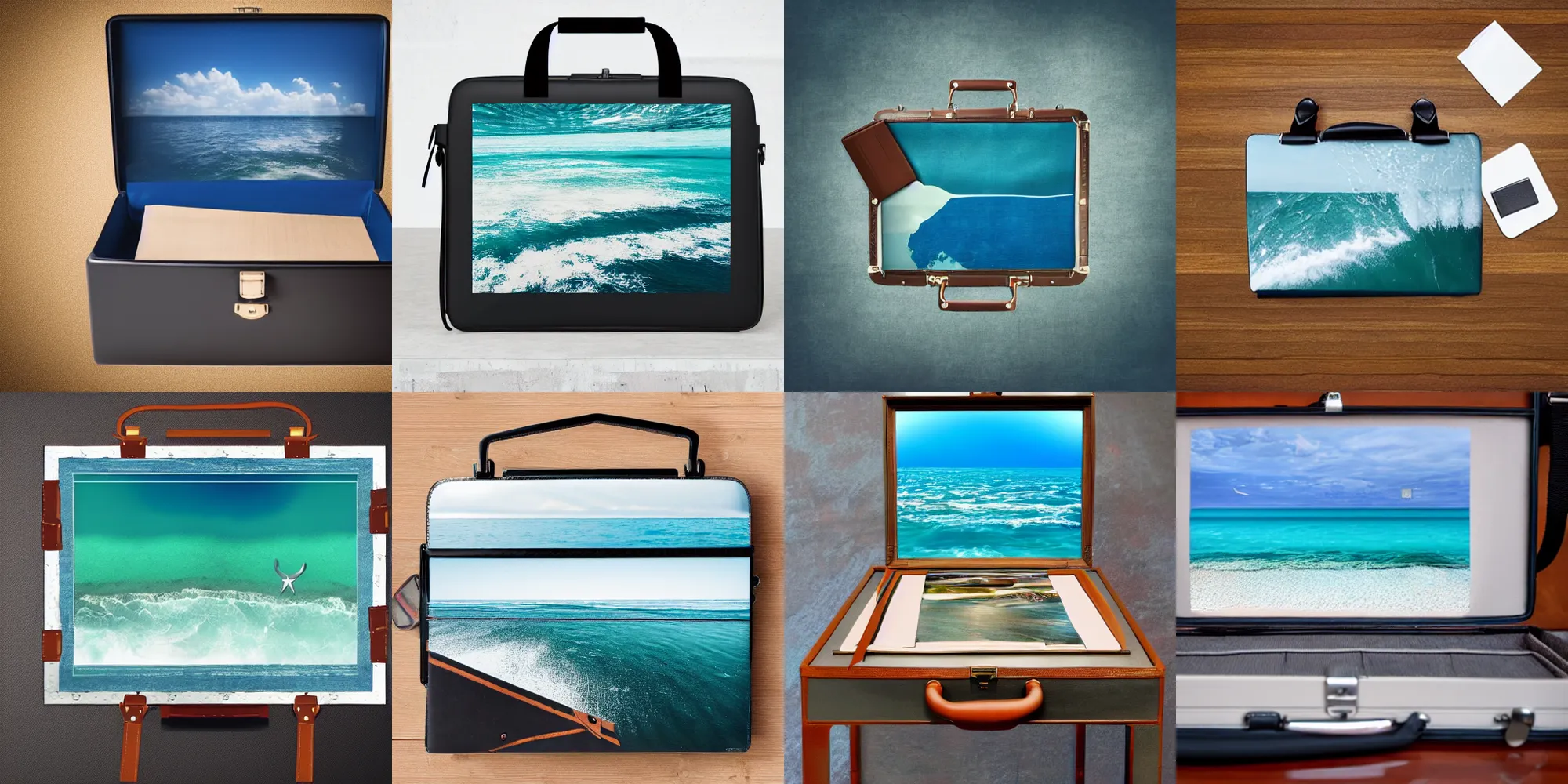 Prompt: the sea superimposed into an open briefcase