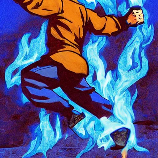 Image similar to buff Walter White kicking blue fire, accurate anatomy, accurate hands, highly detailed, digital art, epic, masterpiece,