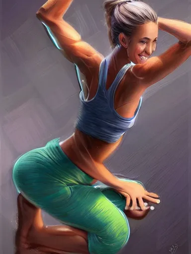 Prompt: a beautiful happy wearing yoga pans at the gym. smiling popular girl. aractive, energetic, cherful. intricate, elegant, highly detailed, digital painting, artstation, cinematic shot, concept art, sharp focus, illustration, by justin gerard and artgerm 8 k