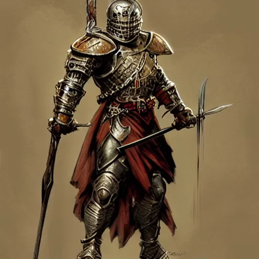 Image similar to knight character portrait by frank frazetta - wearing ornate armor, holding a spear, striking a pose, fantasy, dungeons & dragons, sharp focus, striking, artstation contest winner, detailed