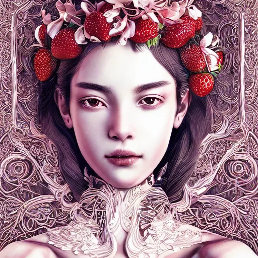 Image similar to the portrait of an absurdly beautiful, graceful, elegant, sophisticated, fashionable young gravure idol made of strawberries and white petals, an ultrafine hyperdetailed illustration by kim jung gi, irakli nadar, intricate linework, bright colors, octopath traveler, final fantasy, unreal engine 5 highly rendered, global illumination, radiant light, detailed and intricate environment