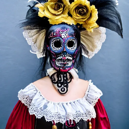 Image similar to la muerte mask with sardinia's traditional female dress