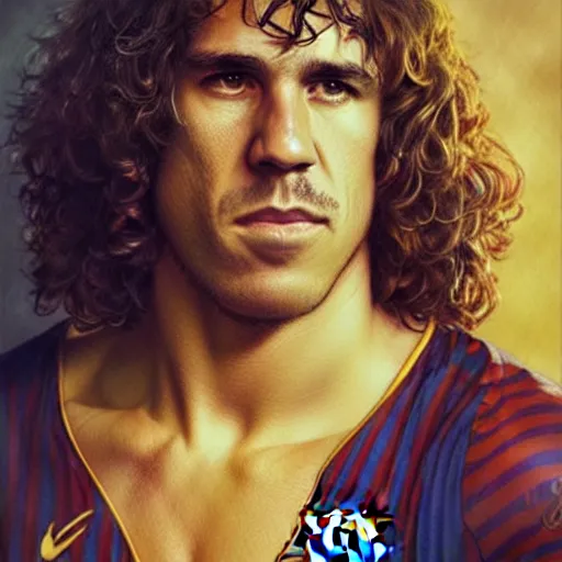 Image similar to Carles Puyol, Fc Barcelona captain, defending his club, D&D, fantasy, intricate, elegant, highly detailed, digital painting, artstation, concept art, matte, sharp focus, illustration, art by Artgerm and Greg Rutkowski and Alphonse Mucha