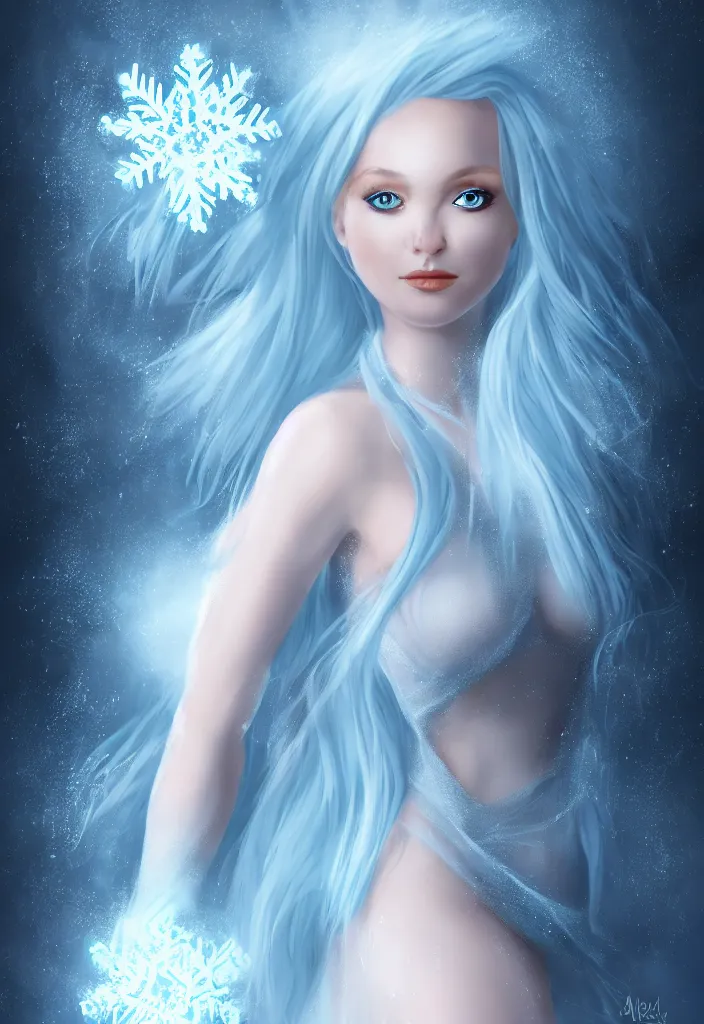 Prompt: full body portrait of a stunningly beautiful woman with pale blue hair wearing a dress made out of snowflake in the middle of a snowstorm. award - winning digital art, trending on artstation