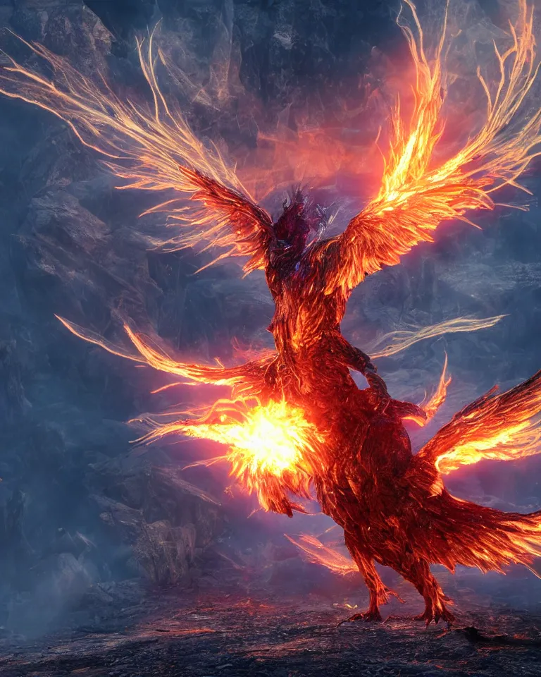 Prompt: a photoreaslistic render of a burning steel ethereal phoenix rising out of the ground, ethereal lighting, pixie dust magic, brilliant glow, cinematic, magic particles, epic scale ultrawide angle, deep vivid colors, explosive energy, like elder scrolls and elden ring and lord of the rings, bursting with debris and pebbles and dust clouds and ash