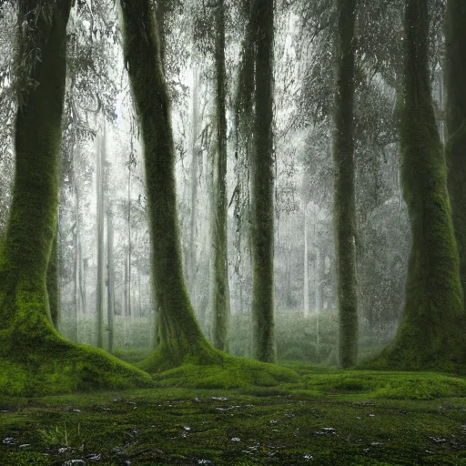 Image similar to Foggy forest with huge trees overgrown with moss and lianas, a hunter in combat wooden exoskeleton with chrome details walks between the roots. 64 megapixels, 8K resolution, DSLR filmic HDR, 3D shading Behance HD CGSociety Cinema 4D IMAX shadow depth rendered in Blender Unreal Engine hyperrealism photoillustration, lots of reflective surfaces, subsurface scattering