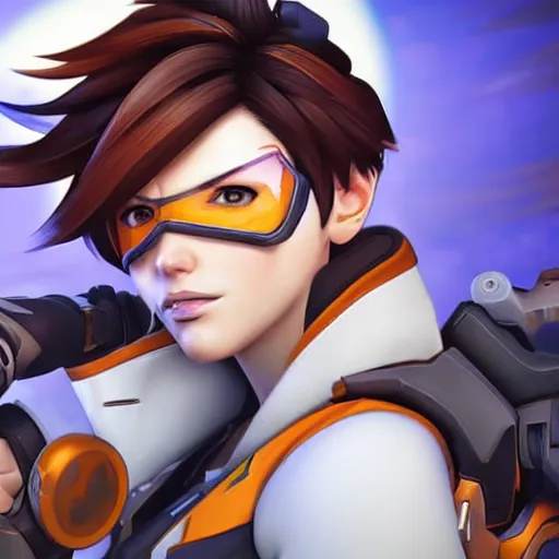 Image similar to beautiful digital artwork of tracer from the game overwatch