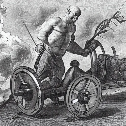 Image similar to a muscular bald man carrying two turbine engines with fire spitting out