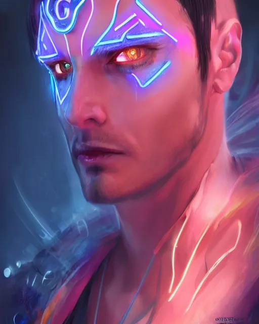 Prompt: incubus, male, neon opal robes, beautiful, cyberpunk, super detailed, very ornate, glow, by stjepan sejic, tom badshaw, greg rutkowski, realistic, symmetrical face, 8 k, sharp focus