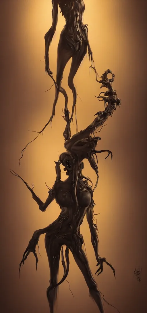 Image similar to dark full body painting of tracer from overwatch, in style of zdzisław beksinski, scary, horror, 4 k, feminine facial features, overwatch tracer character, horror, body horror, disturbing, detailed face, dressed in dark garment, black tendrils, tall, long legs,